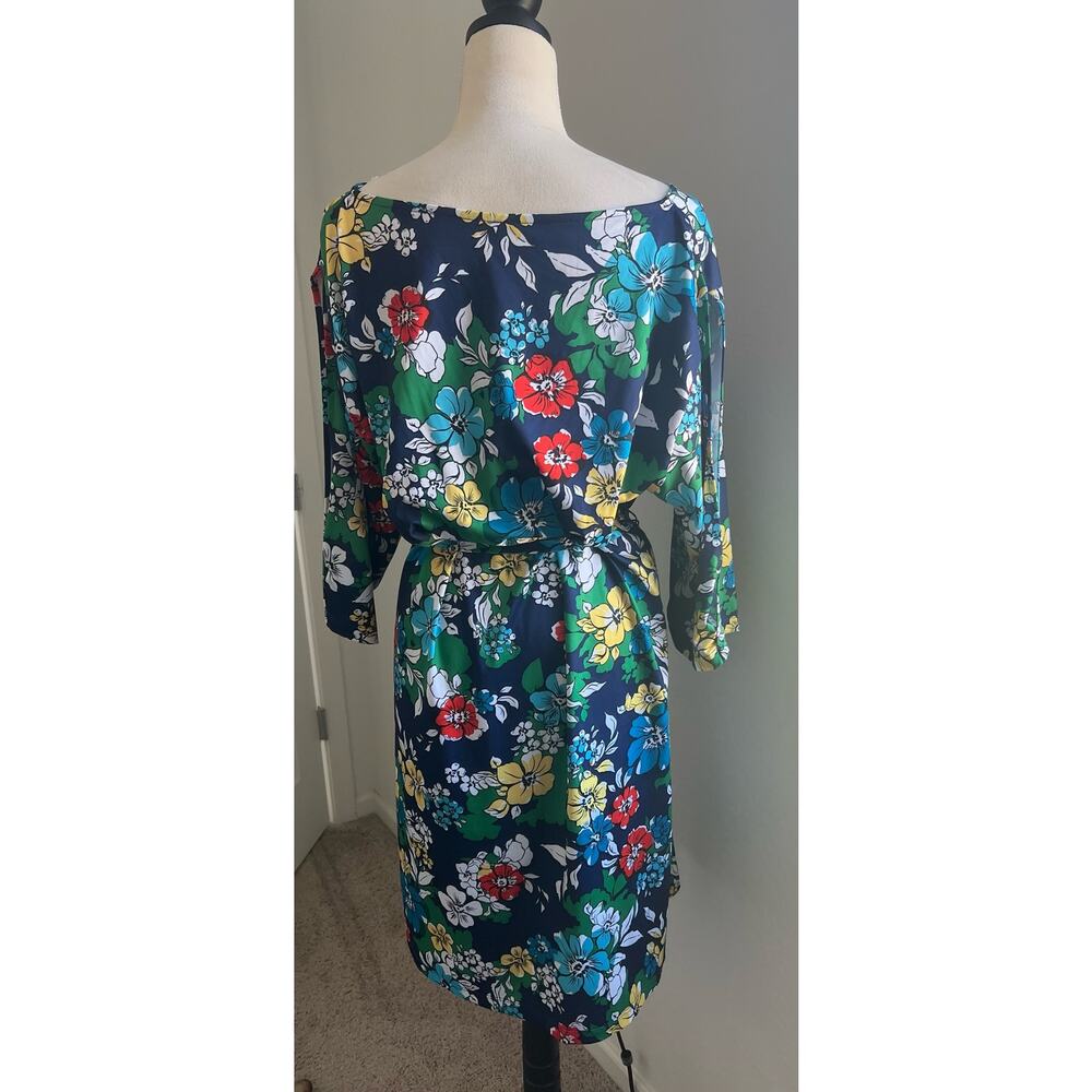 Vibrant Retro Floral Multicolor 3/4 Slit Sleeves Tie Waist MIDI Dress Sz XL - Picture 5 of 8